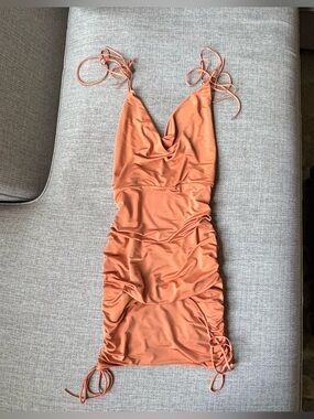 Ruched Rust-Orange Tie-Strap Women's Dress backless mini dress Medium